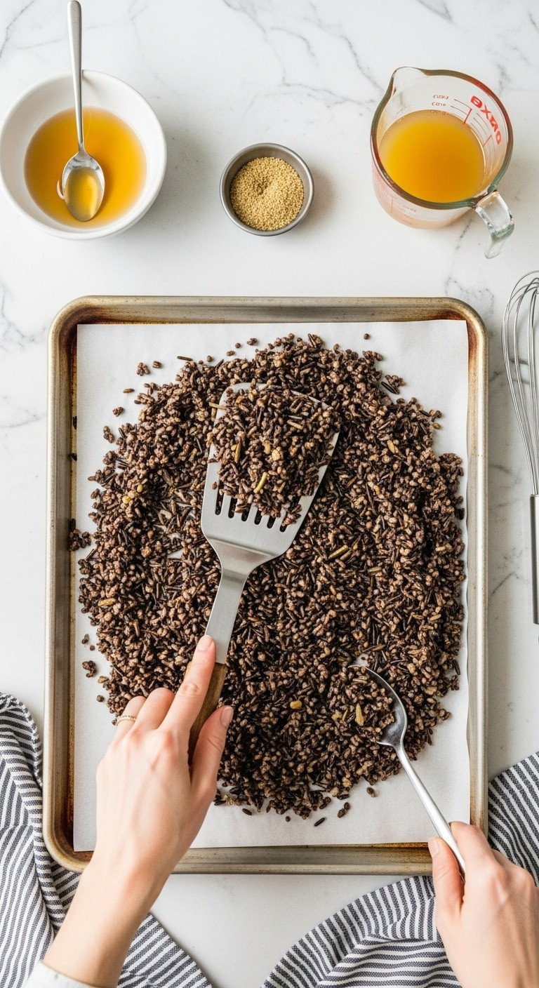 Someone Spreading Overcooked, Sticky Wild Rice Onto A Parchment-Lined Baking Sheet With A Metal Spatula To Salvage Grains.