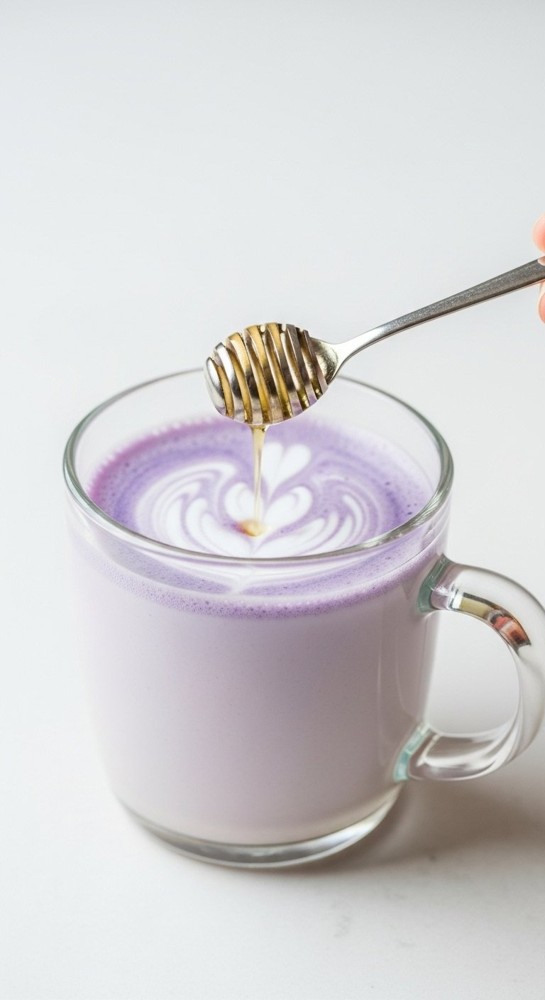 Soothing Honey Lavender Bliss Latte With Floral Foam And Dried Lavender Buds.