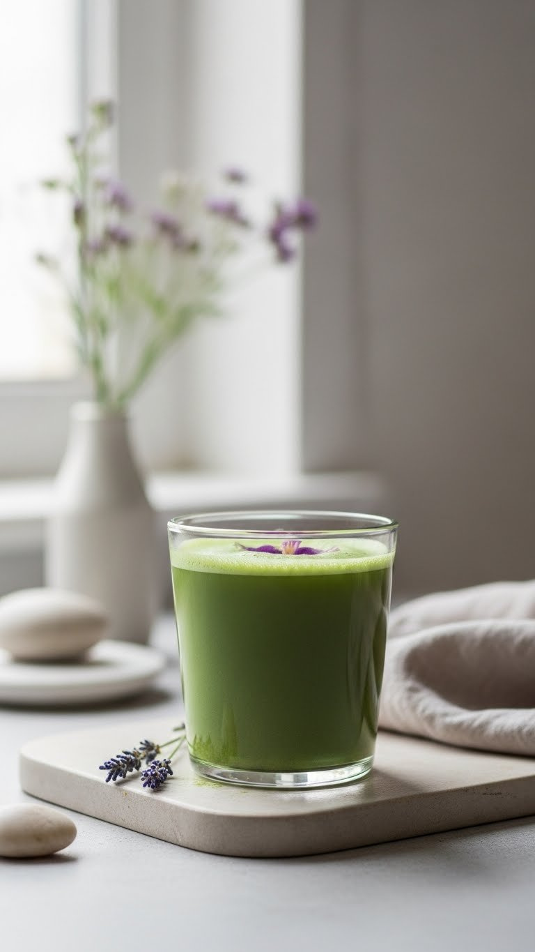 Soothing Matcha Cortisol Cocktail In Elegant Glass With Edible Flower Garnish On Neutral-Toned Wellness Surface
