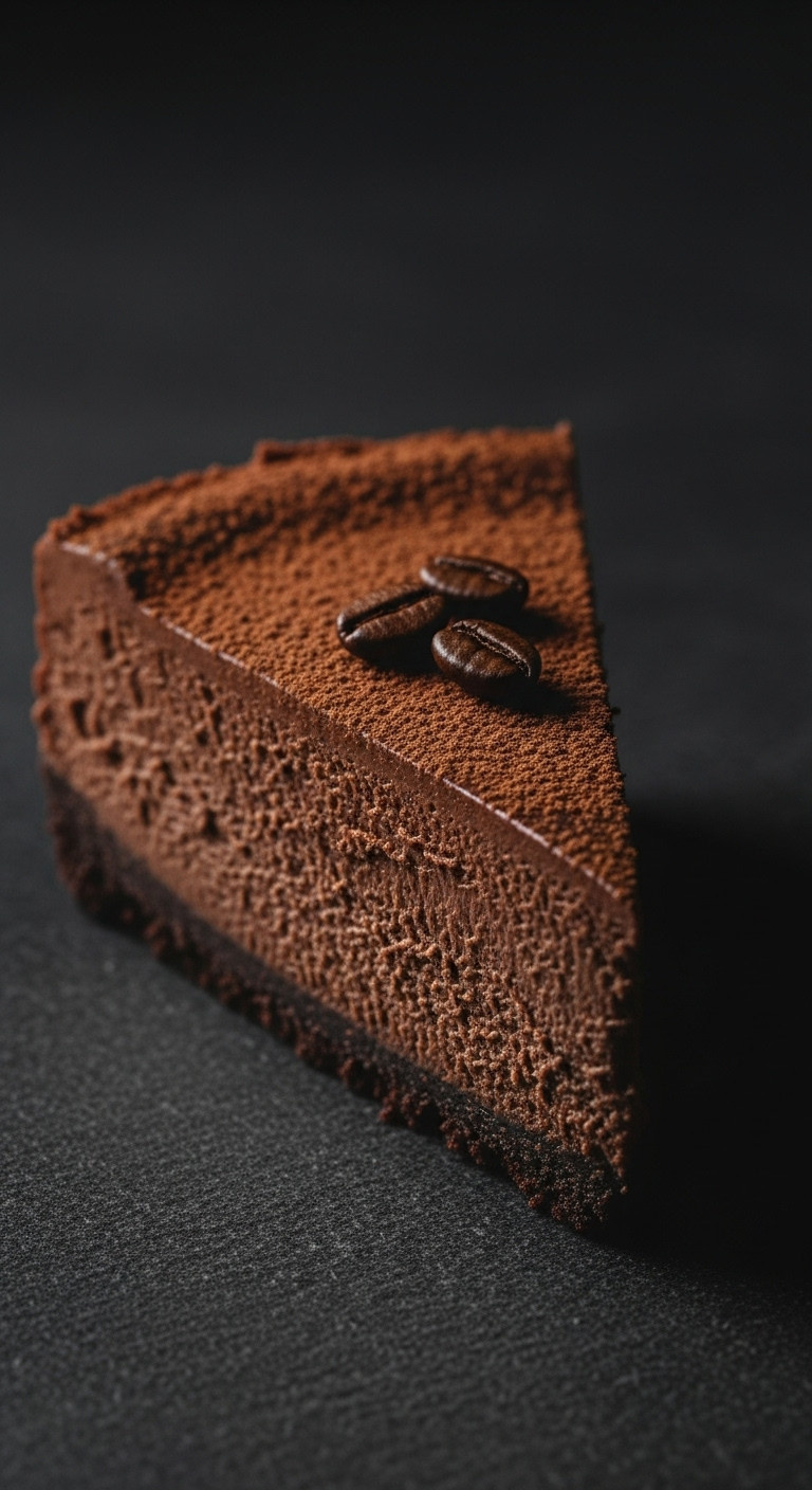 Sophisticated Espresso Chocolate Cheesecake Slice With Dark Chocolate Filling, Cookie Crust, Cocoa, Coffee Beans. Dark Stone Surface.