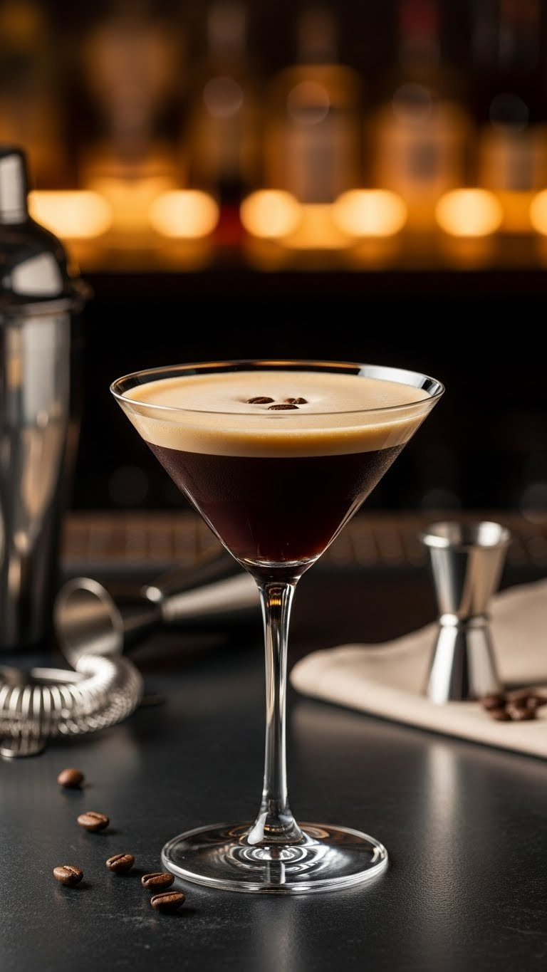 Sophisticated Espresso Martini Latte In Chilled Martini Glass With Coffee Beans On Polished Bar Top
