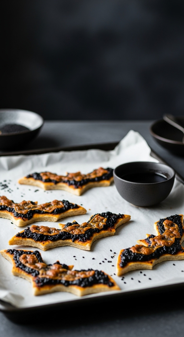 Sophisticated Halloween Flying Bat Mini Pizzas With Dark Cheese And Savory Sauce On A Parchment Baking Sheet, Dark Kitchen.