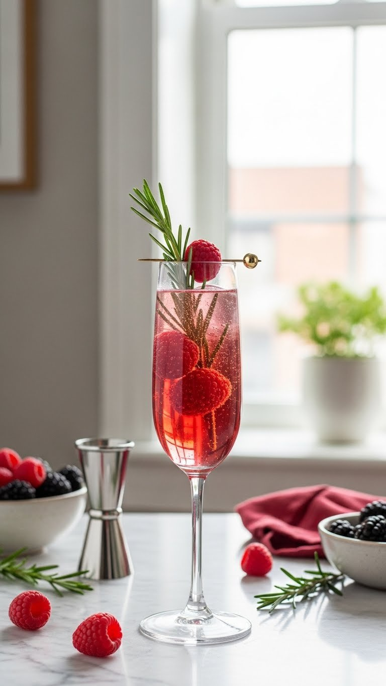 Sophisticated Berry Mocktail In Champagne Flute Garnished With Raspberries And Rosemary Sprig Sparkling With Effervescence