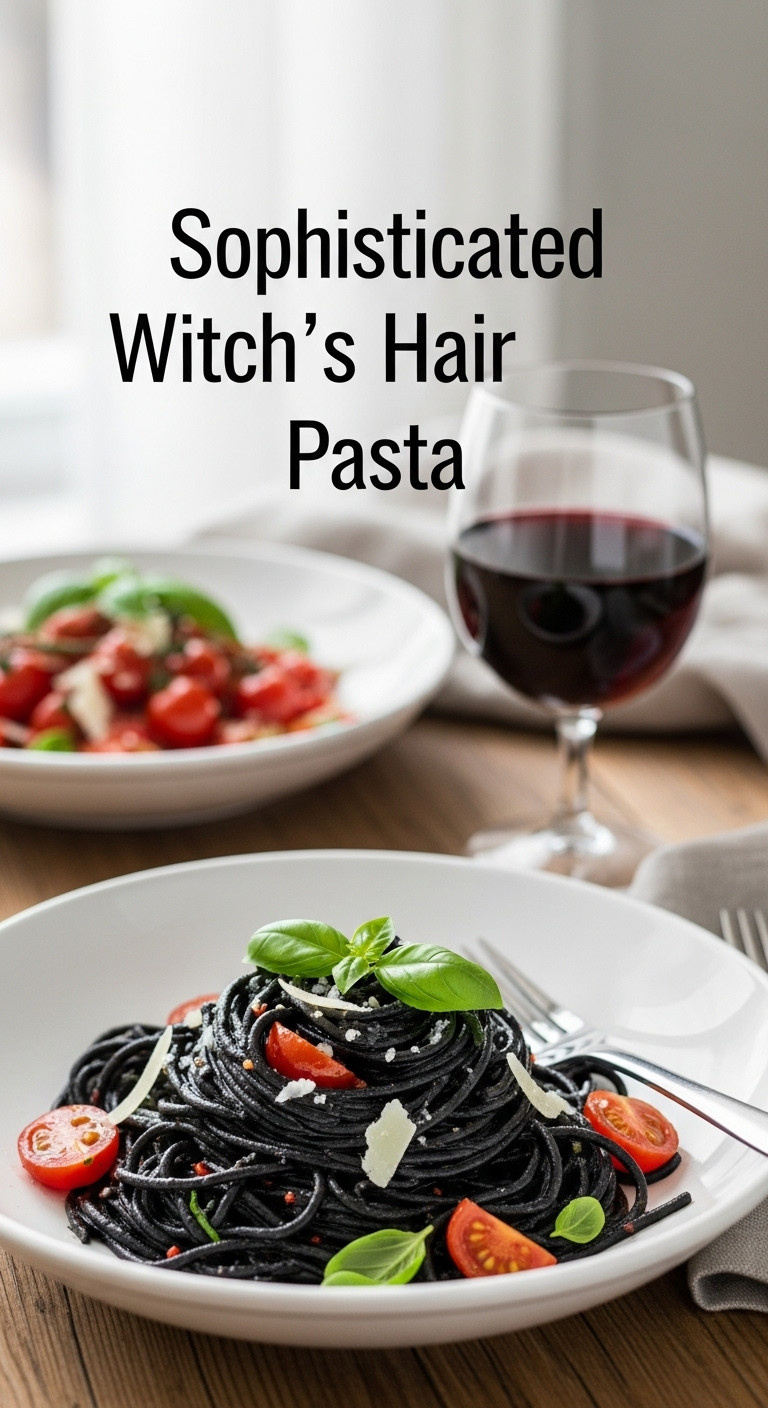 Sophisticated Black Squid Ink Pasta With Cherry Tomatoes And Basil In White Bowl For Aesthetic Halloween Dinner