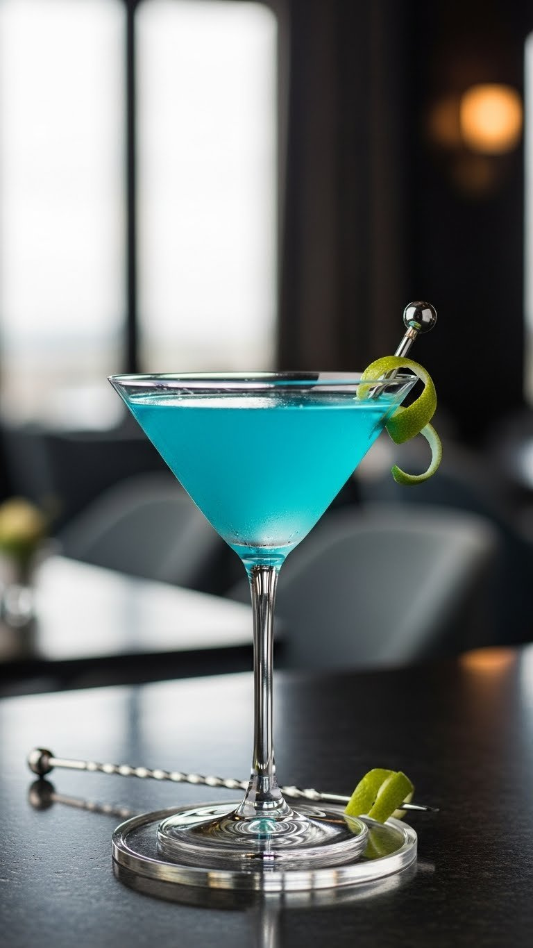 Sophisticated Blue Hpnotiq Martini In Classic Martini Glass On Dark Polished Bar Top.