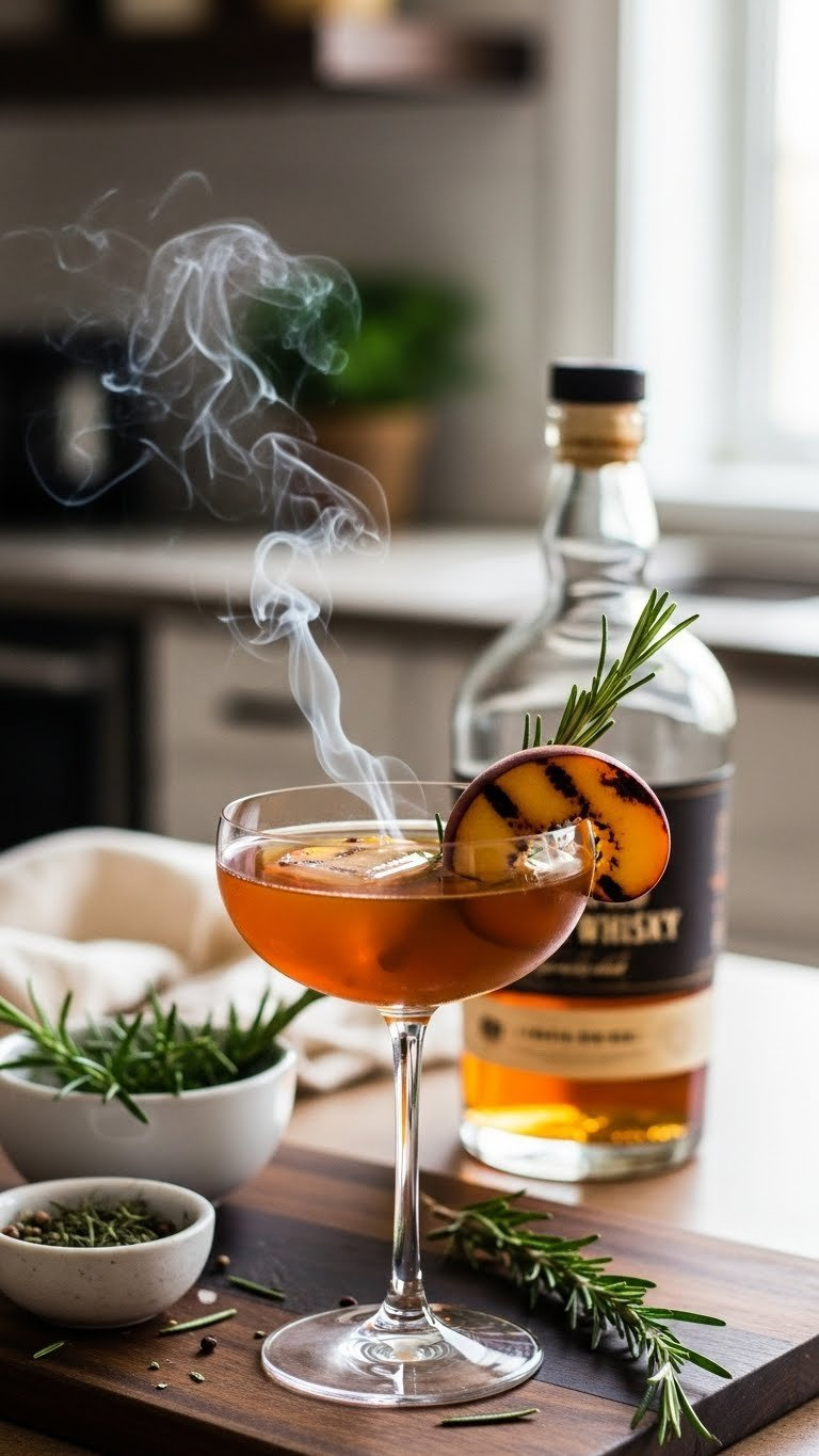 Sophisticated Coupe Glass With Deep Amber Cocktail Featuring Charred Grilled Peach Half And Rosemary Sprig Garnish