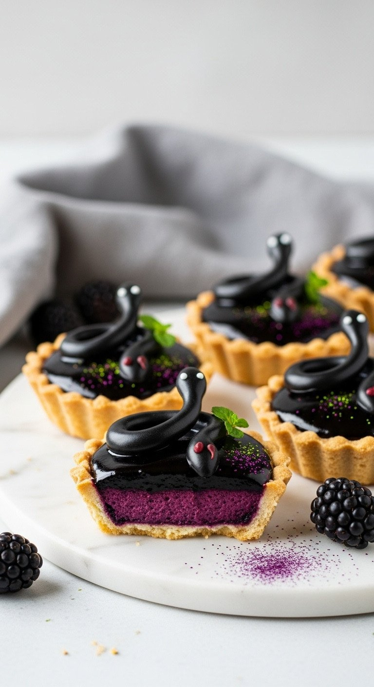 Sophisticated Dark Viper Tarts With Glossy Black Glaze, Chocolate Snake, Blackberries On A White Marble Slab.