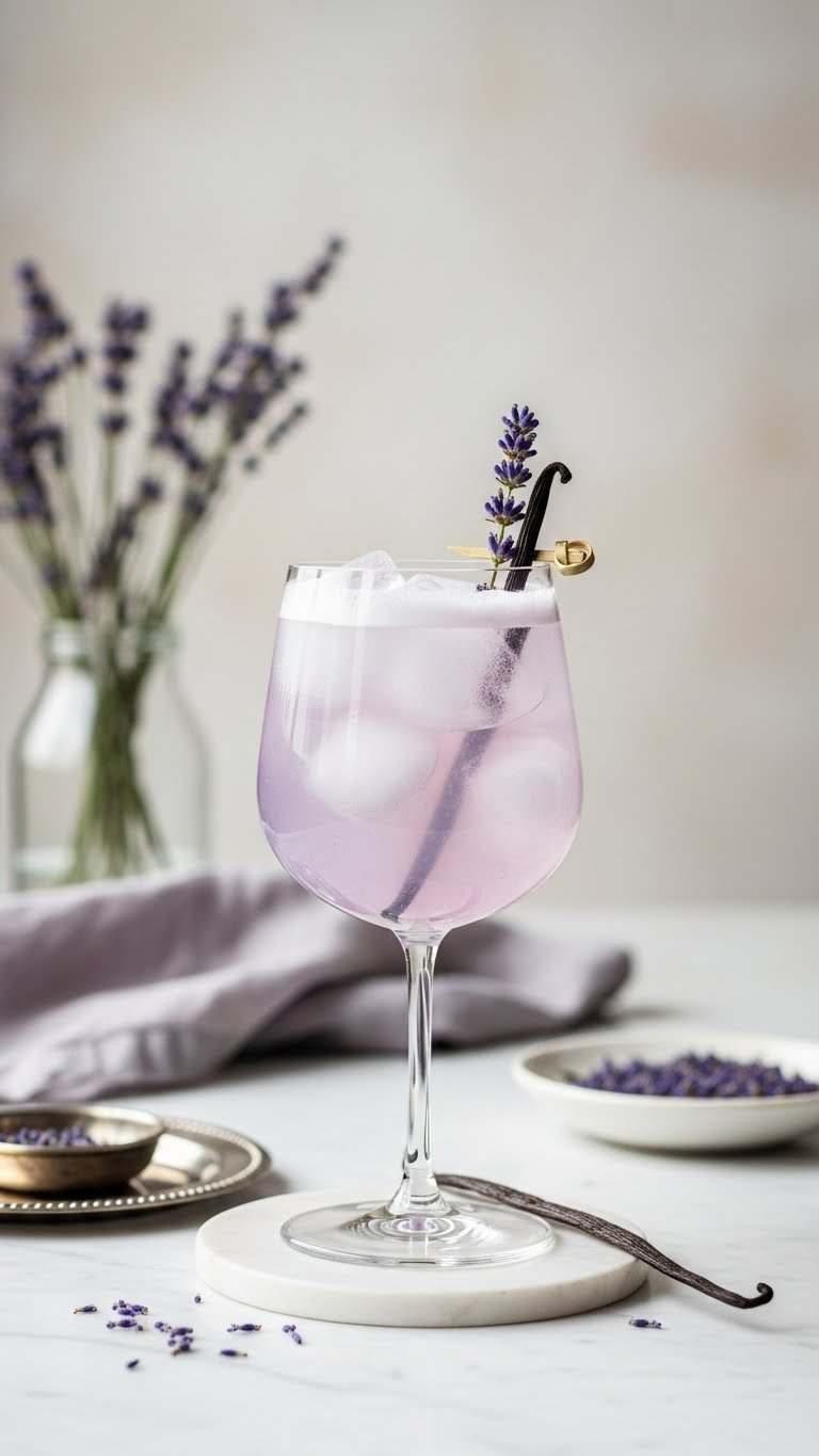 Sophisticated Lavender Vanilla Italian Soda In Stemmed Glass With Fresh Lavender Sprig Garnish On Polished Marble Surface.