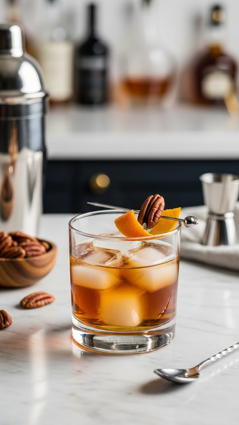 Sophisticated Maple Pecan Bourbon Smash Cocktail In Rocks Glass With Orange Peel Garnish