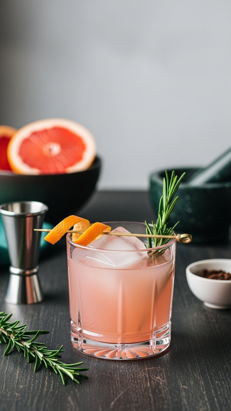 Sophisticated Pale Pink Rosemary Grapefruit Elixir Mocktail In Old-Fashioned Glass With Large Ice Cube