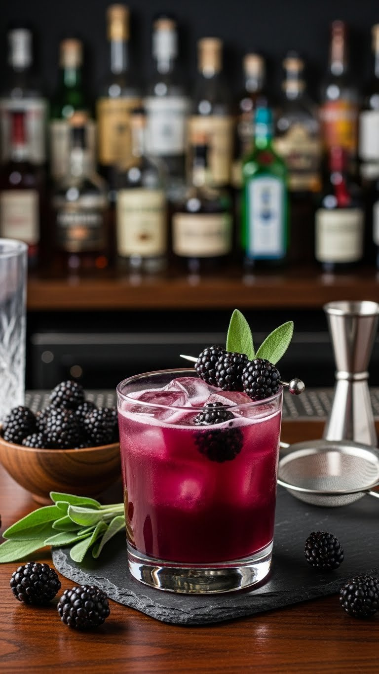 Sophisticated Rocks Glass Of Deep Purple Blackberry Sage Gin Lemonade Garnished With Fresh Blackberries And Sage Sprig
