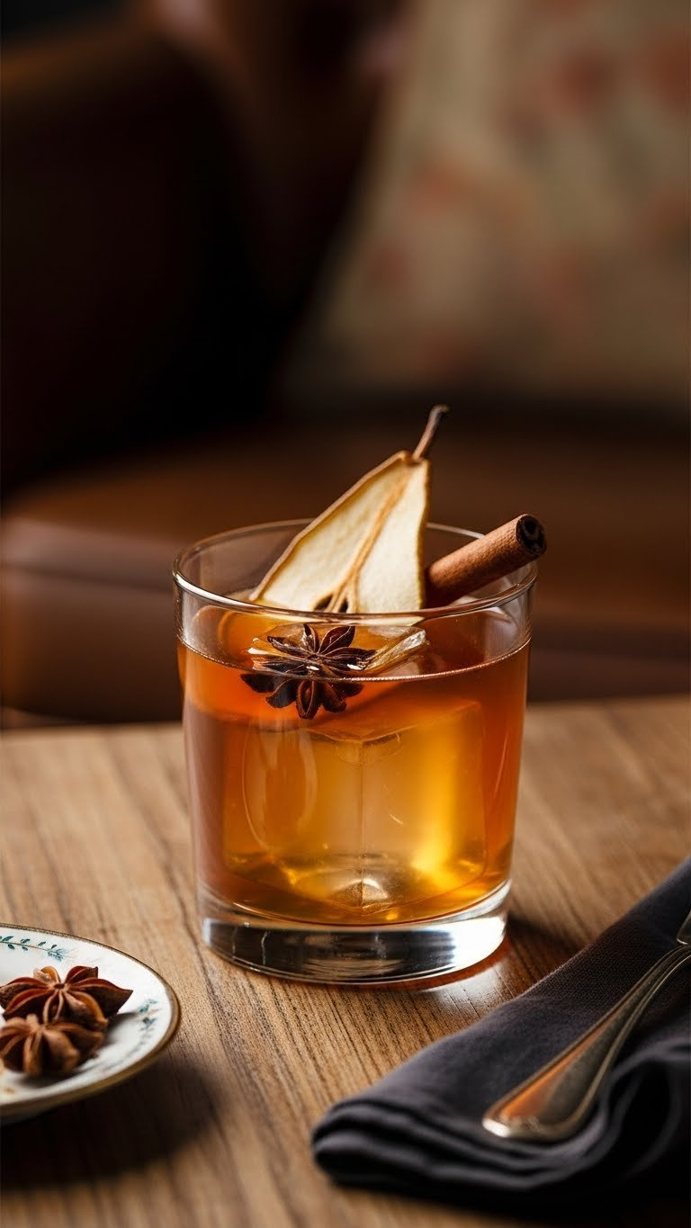 Sophisticated Spiced Pear And Ginger Shrub Mocktail In Old Fashioned Glass With Dried Pear Slice And Cinnamon Stick Garnish