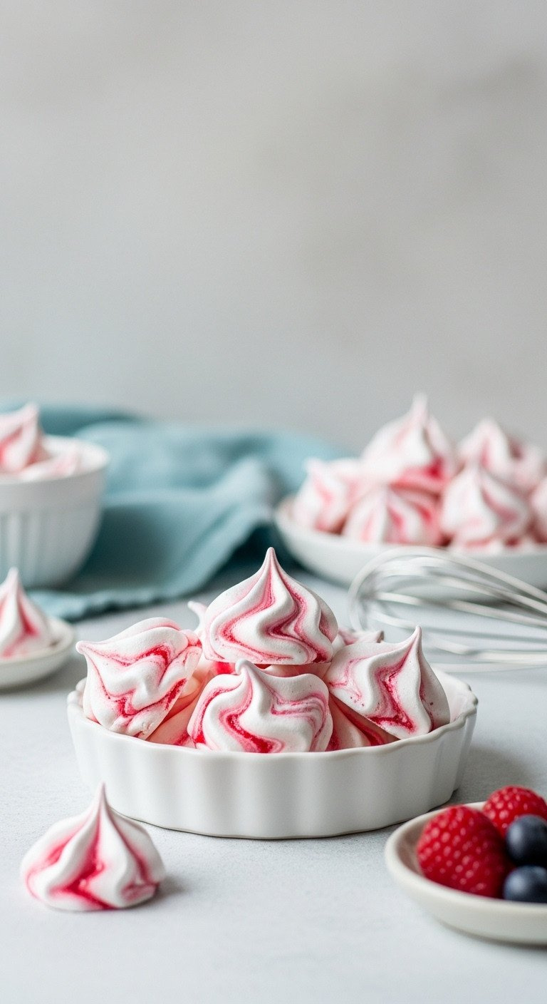 Sophisticated Vegan Aquafaba Meringues With Pink Raspberry Swirl, Crisp White, Delicate, On A White Dish With Berries.