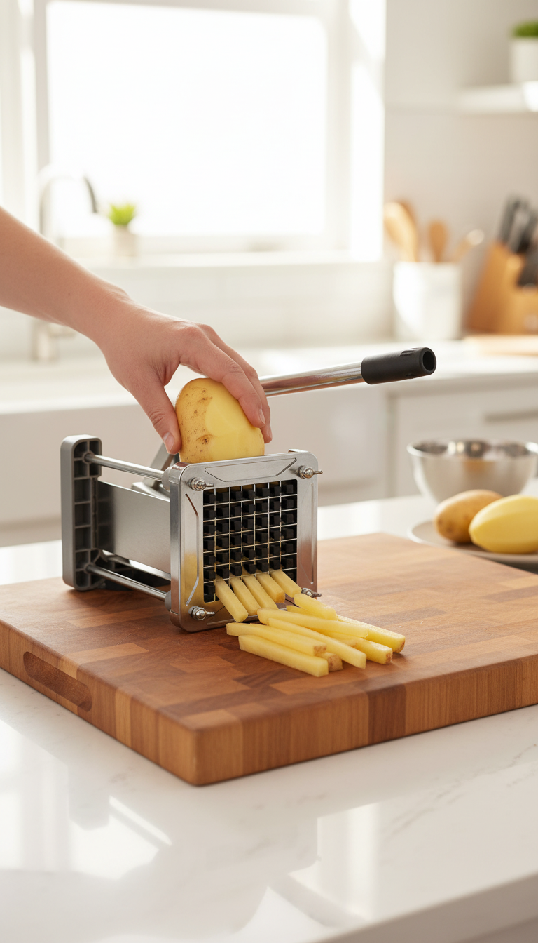 Sopito French Fry Cutter Being Tested In A Home Kitchen With Potatoes And Other Vegetables Nearby