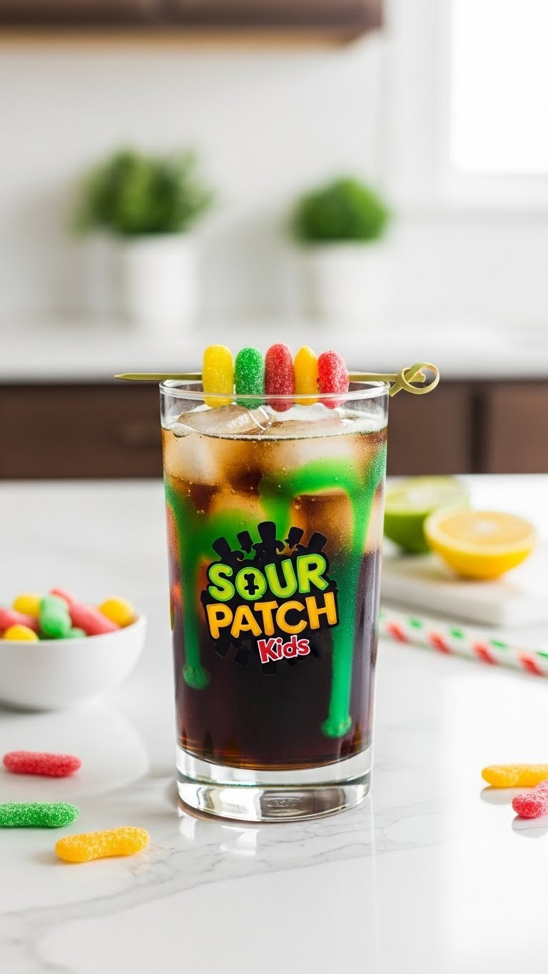 Sour Patch Kids Dr Pepper Garnished With Colorful Candies And Tangy Syrup Swirls