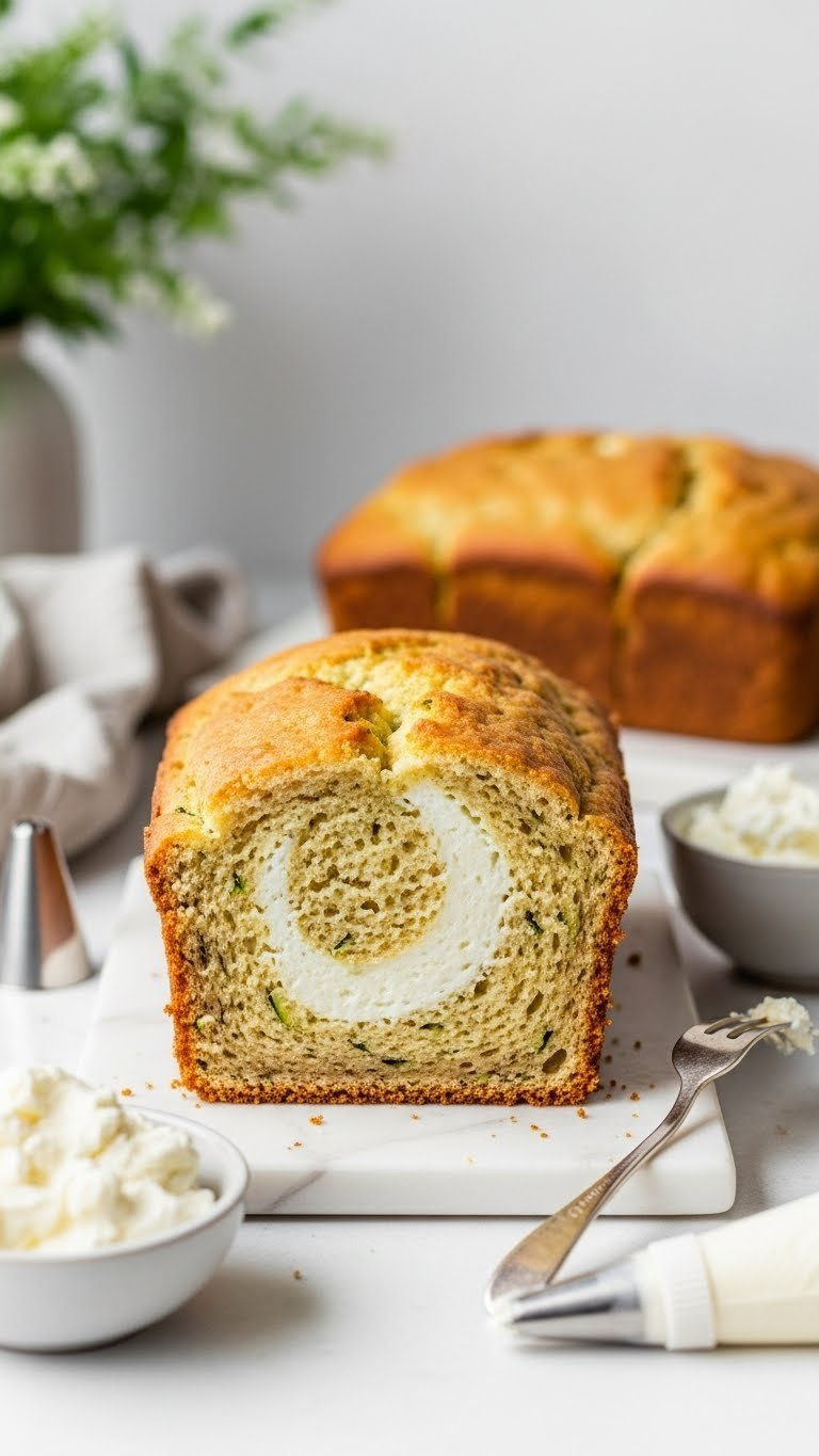 Sourdough Zucchini Bread With Cream Cheese Swirl Cross-Section On White Marble Slab With Piping Bag