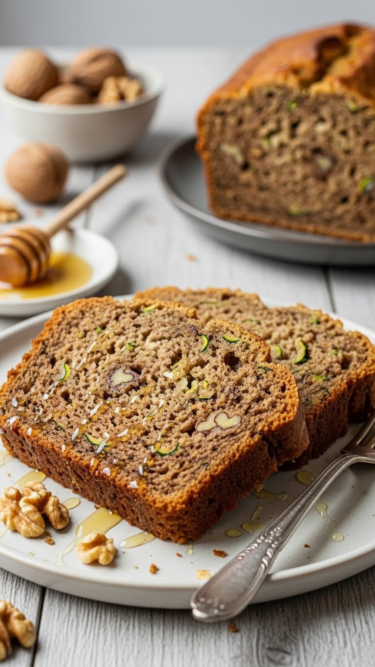 Sourdough Zucchini Bread With Walnuts Slice Showing Moist Crumb And Chopped Nuts On Light Ceramic Plate