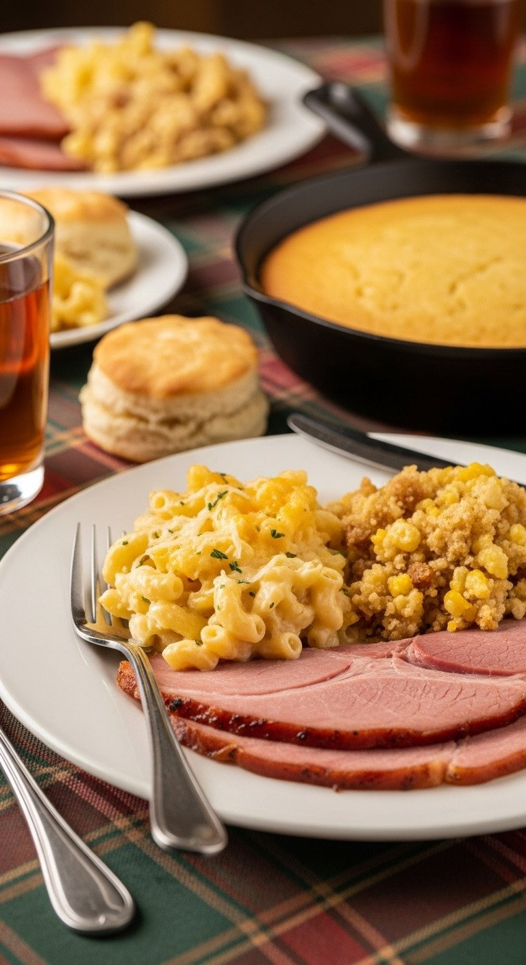 Southern Christmas Dinner Plate With Glazed Ham, Creamy Mac And Cheese, Cornbread Dressing, On Plaid Tablecloth With Sweet Tea; Ultimate Southern Comfort.