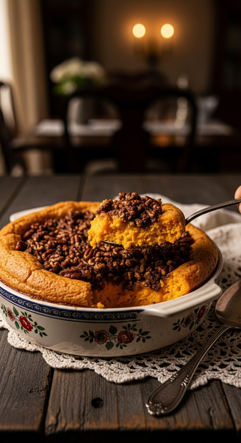 Southern Style Sweet Potato Soufflé With Pecan Topping And A Spoonful Removed On A Dark Wood Table