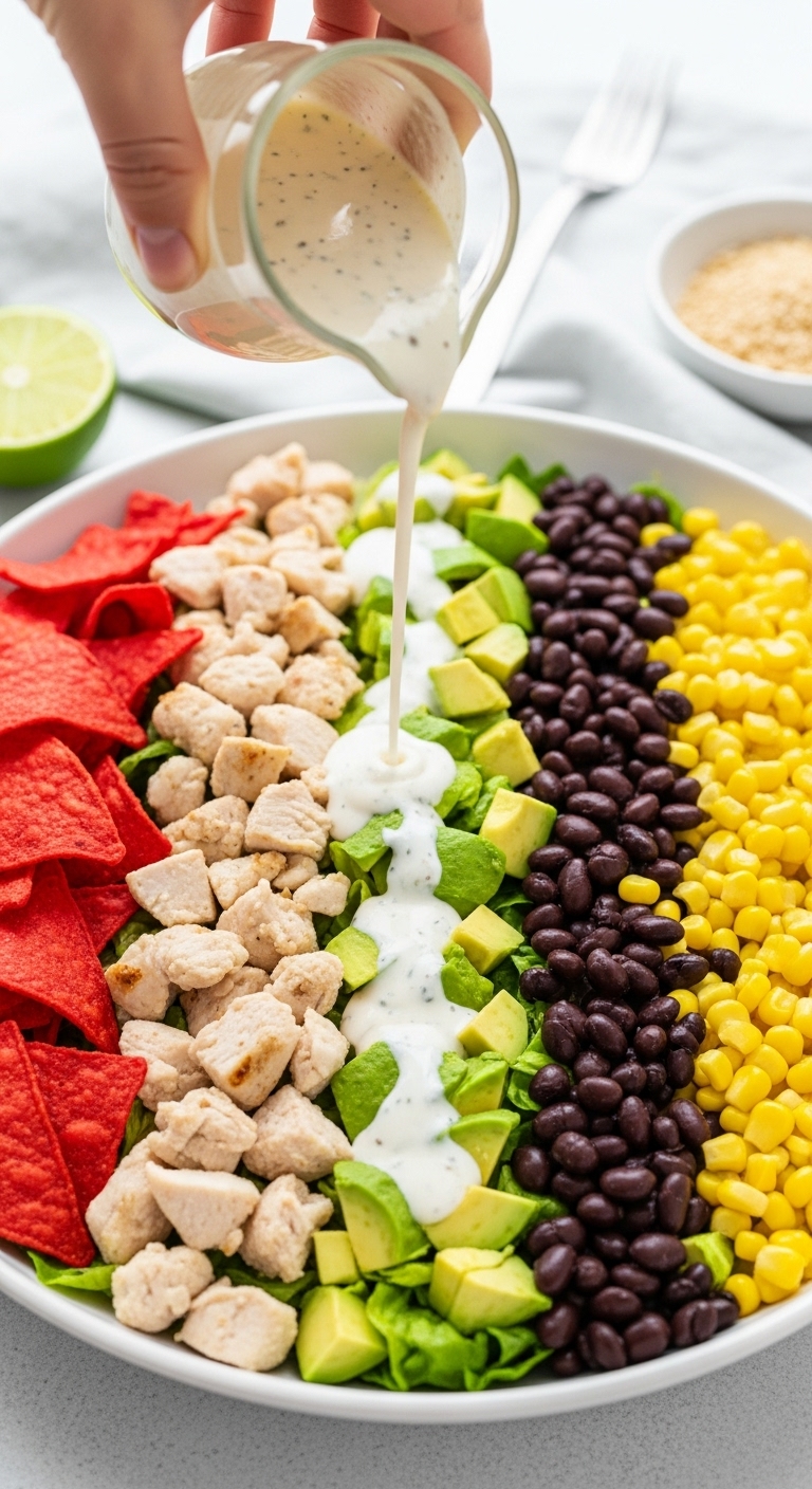 Southwest Chicken Salad With Lime Dressing In White Bowl Featuring Chicken Beans Corn Avocado