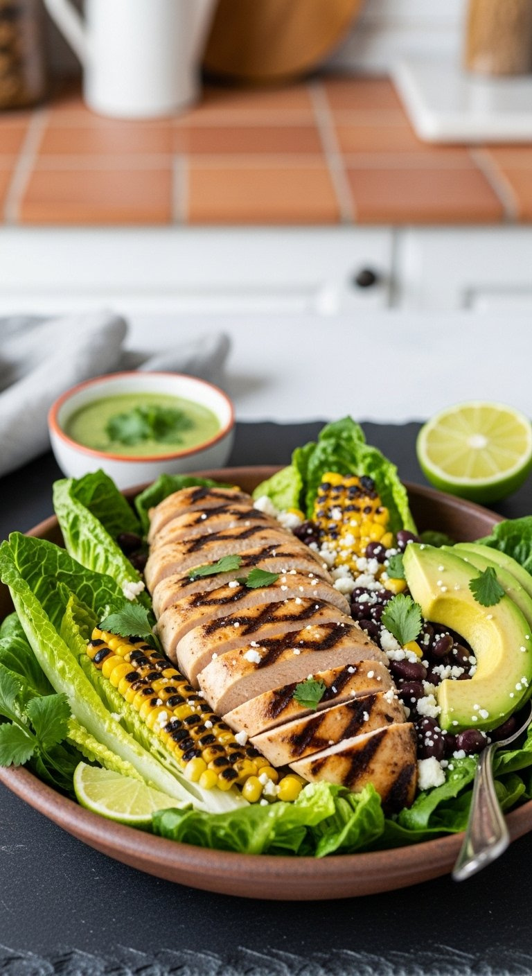 Southwest Grilled Chicken Salad With Corn, Avocado, Black Beans, And Cotija Cheese In A Rustic Ceramic Bowl.