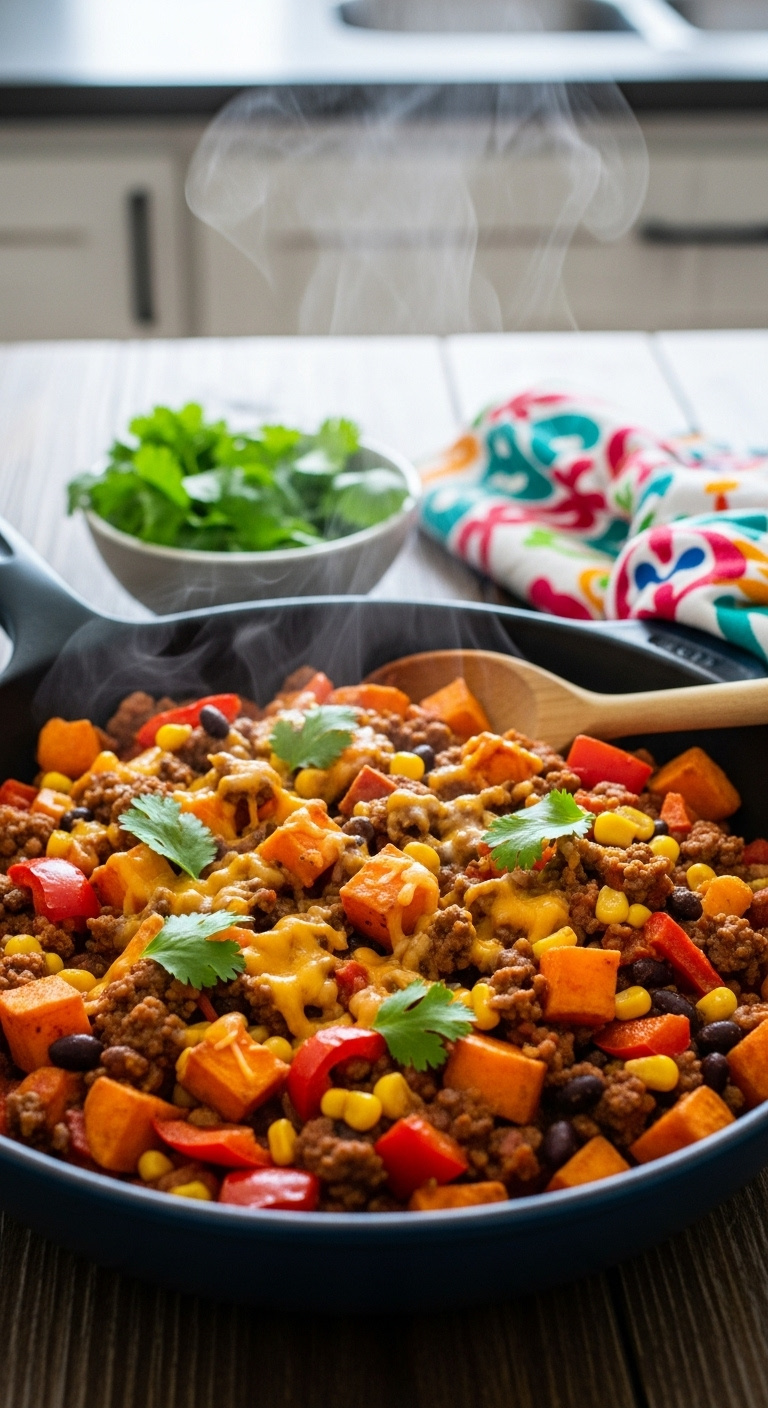 Southwest Ground Beef And Sweet Potato Skillet With Bell Peppers Corn Black Beans Melted Cheese And Cilantro On Rustic Wood Table With Spoon