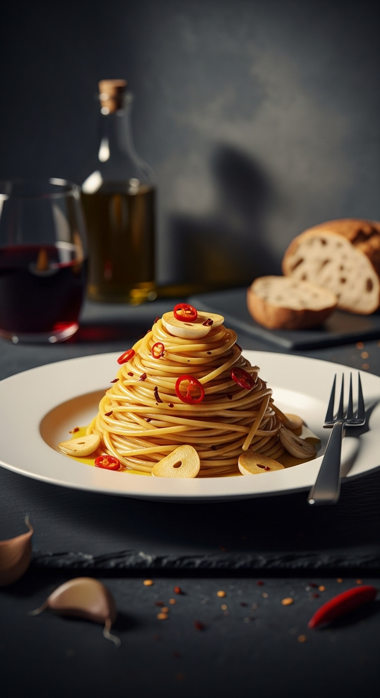 Spaghetti Aglio E Olio On A White Plate With Garlic And Red Pepper Flakes On A Dark Slate Surface With Red Wine And Bread