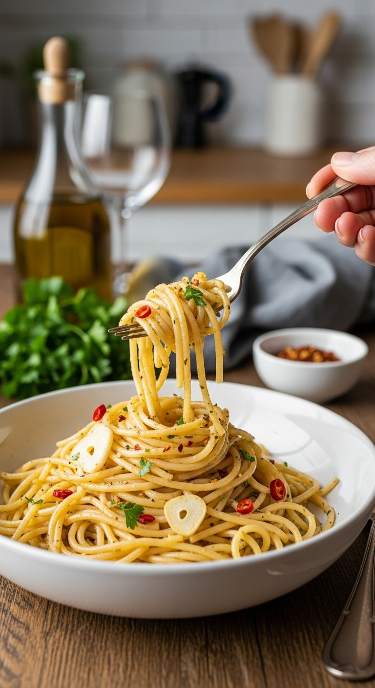 Spaghetti Aglio E Olio With Sliced Garlic And Red Pepper Flakes In A White Ceramic Bowl On A Rustic Wooden Table