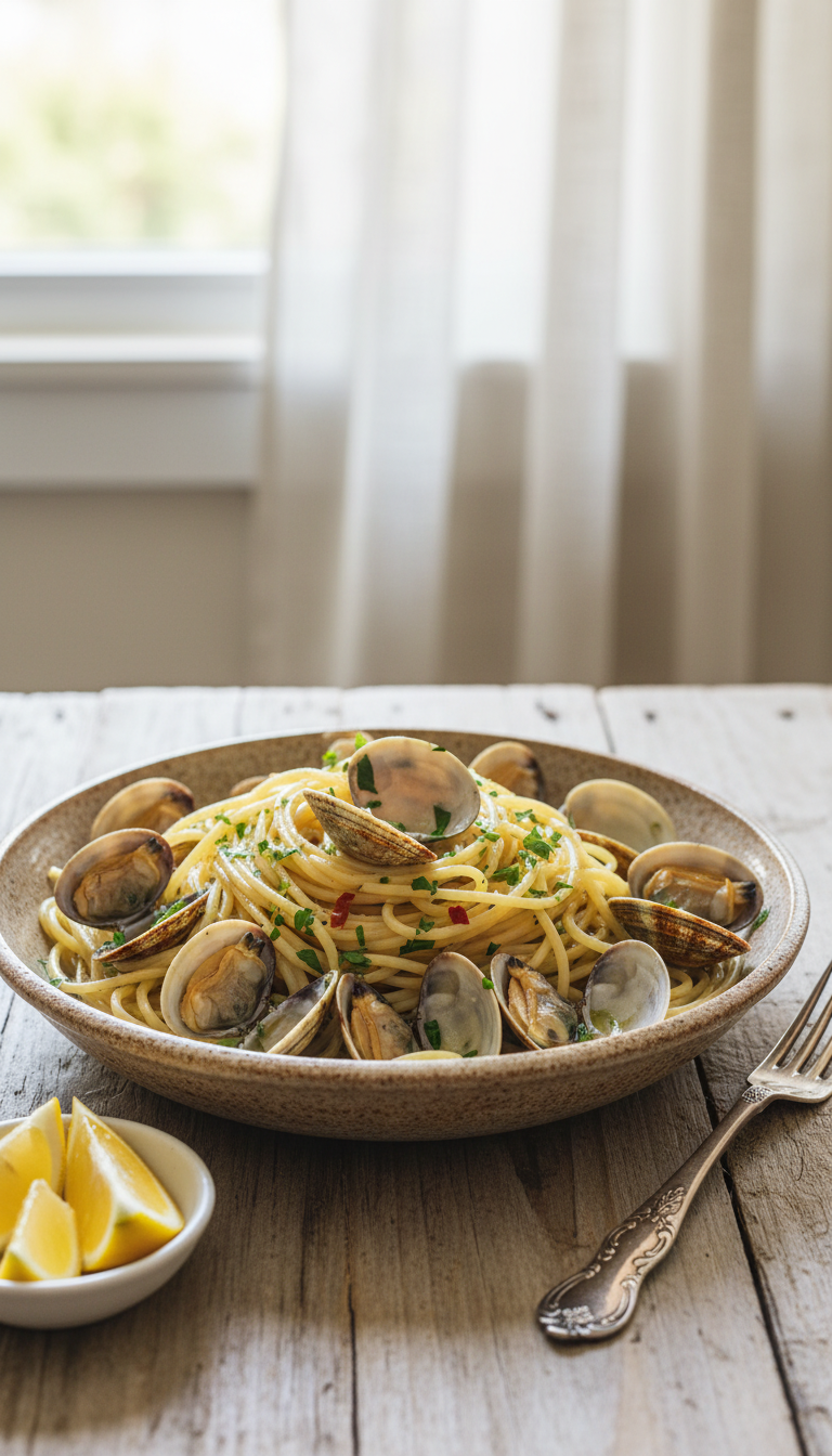 Spaghetti Alle Vongole With Fresh Clams, Delicate White Wine Sauce, Parsley, And Red Pepper Flakes On A Rustic Wooden Table.