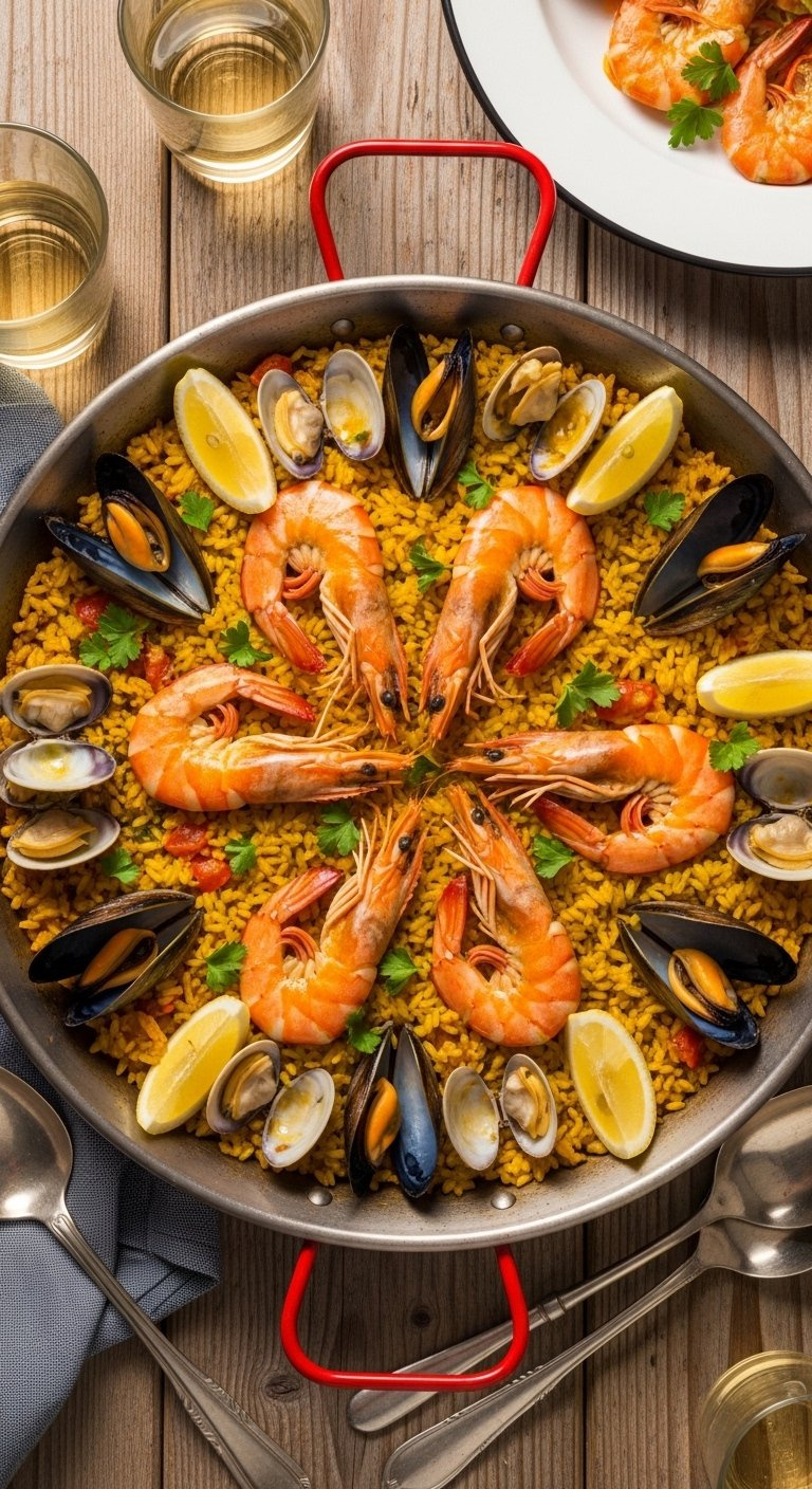 Spanish Seafood Paella With Saffron Rice Shrimp Mussels And Clams Garnished With Lemon And Parsley.