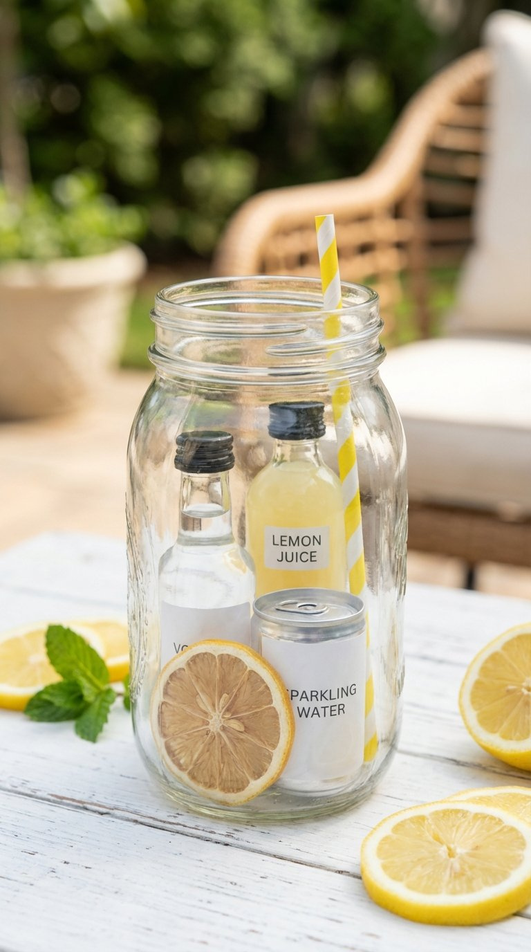 Sparkling Lemonade Cocktail Kit In Mason Jar With Mini Vodka Bottle, Lemon Juice, And Dried Lemon Slice On White Table