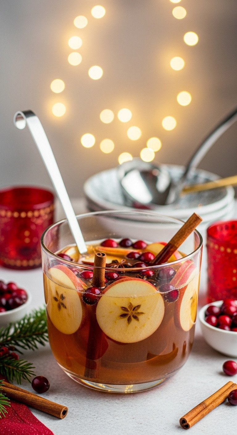 Sparkling Apple Cider Punch With Apple Slices, Cranberries, And Cinnamon Sticks In A Festive Glass Bowl. Holiday Drink.