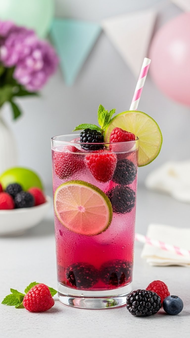 Sparkling Berry Fizz Mocktail In Elegant Glass With Fresh Raspberries, Blackberries, And Lime Slices