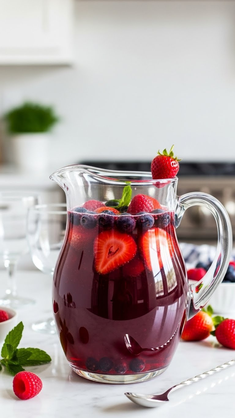 Sparkling Berry Punch In Glass Pitcher With Fresh Raspberries, Blueberries, And Sliced Strawberries On Marble Countertop