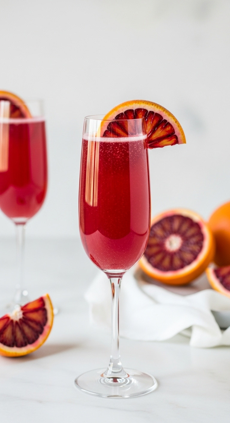 Sparkling Blood Orange Mimosa In An Elegant Flute, Ruby-Red With Bubbles &Amp; A Fresh Orange Slice.