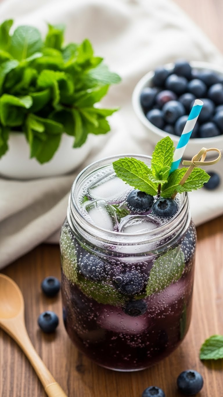 Sparkling Blueberry Mint Cooler In Rustic Mason Jar With Fresh Blueberries And Mint Leaves On Wooden Table