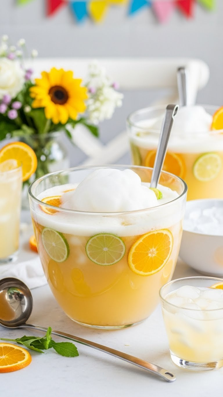 Sparkling Citrus Cloud Punch Bowl With Pale Effervescent Liquid And Airy Foam Topped With Floating Citrus Slices.