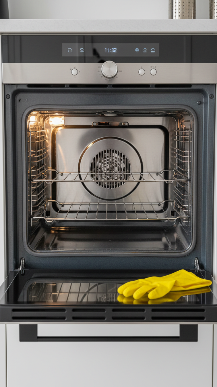 Sparkling Clean Oven Interior With Gleaming Reflective Surface, Featuring Metal Rack And Yellow Cleaning Glove On Open Door.