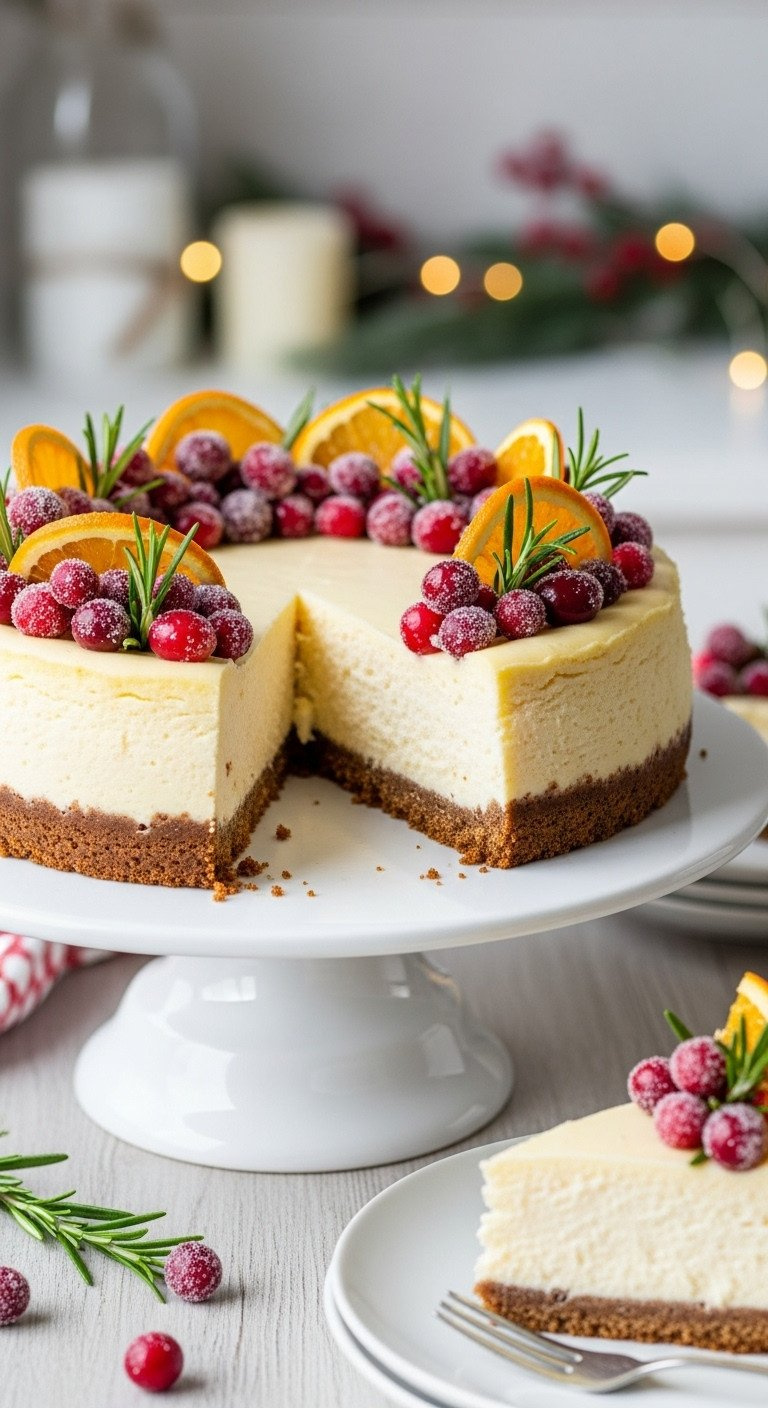 Sparkling Cranberry Orange Cheesecake With Gingerbread Crust, Sugared Cranberries, Candied Orange, Rosemary. Festive Holiday Dessert Recipe.