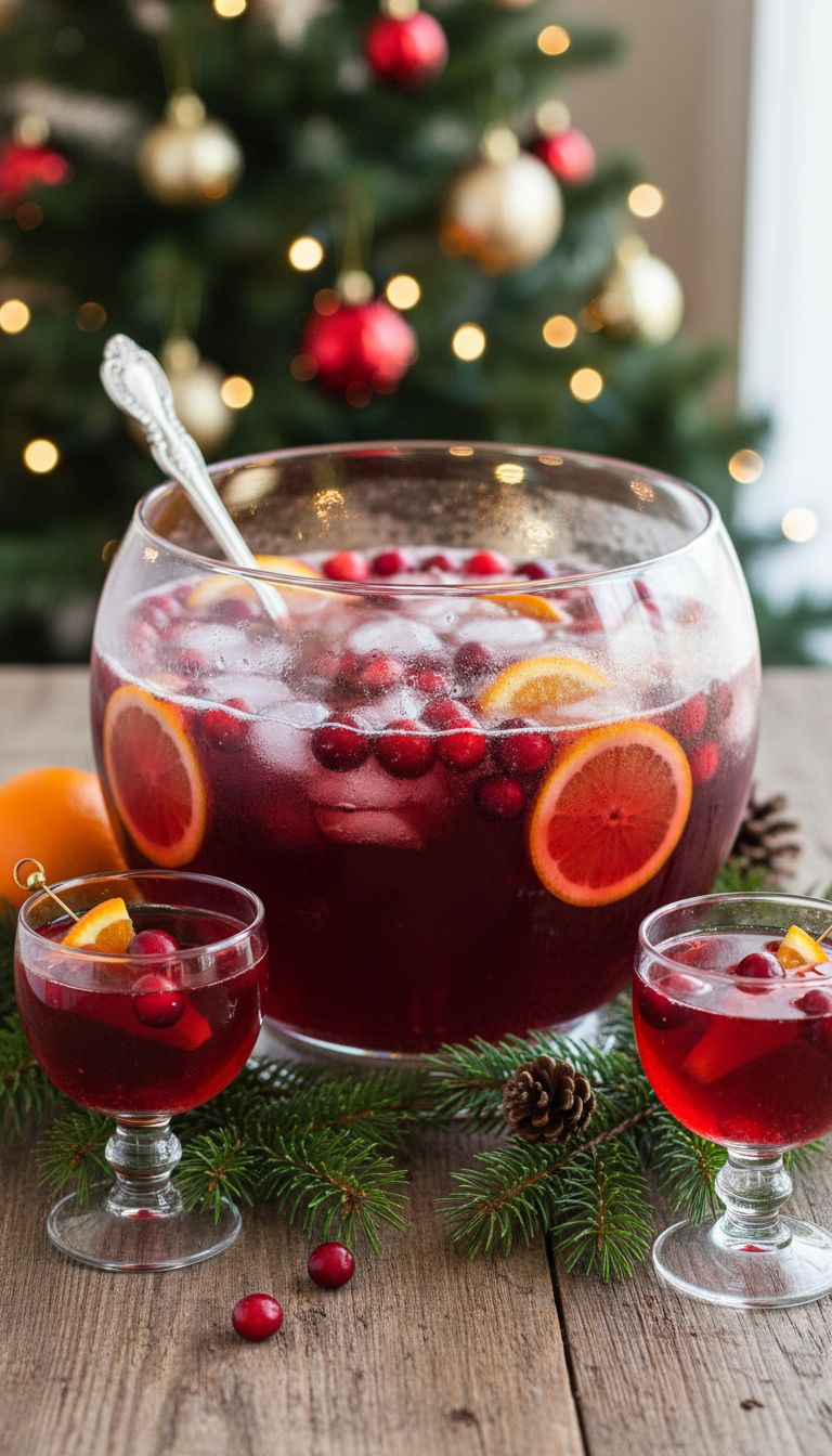 Sparkling Cranberry Orange Punch In Glass Bowl, Garnished With Fresh Cranberries, Orange Slices, Pine Sprigs On Rustic Table. Festive Holiday Drink.