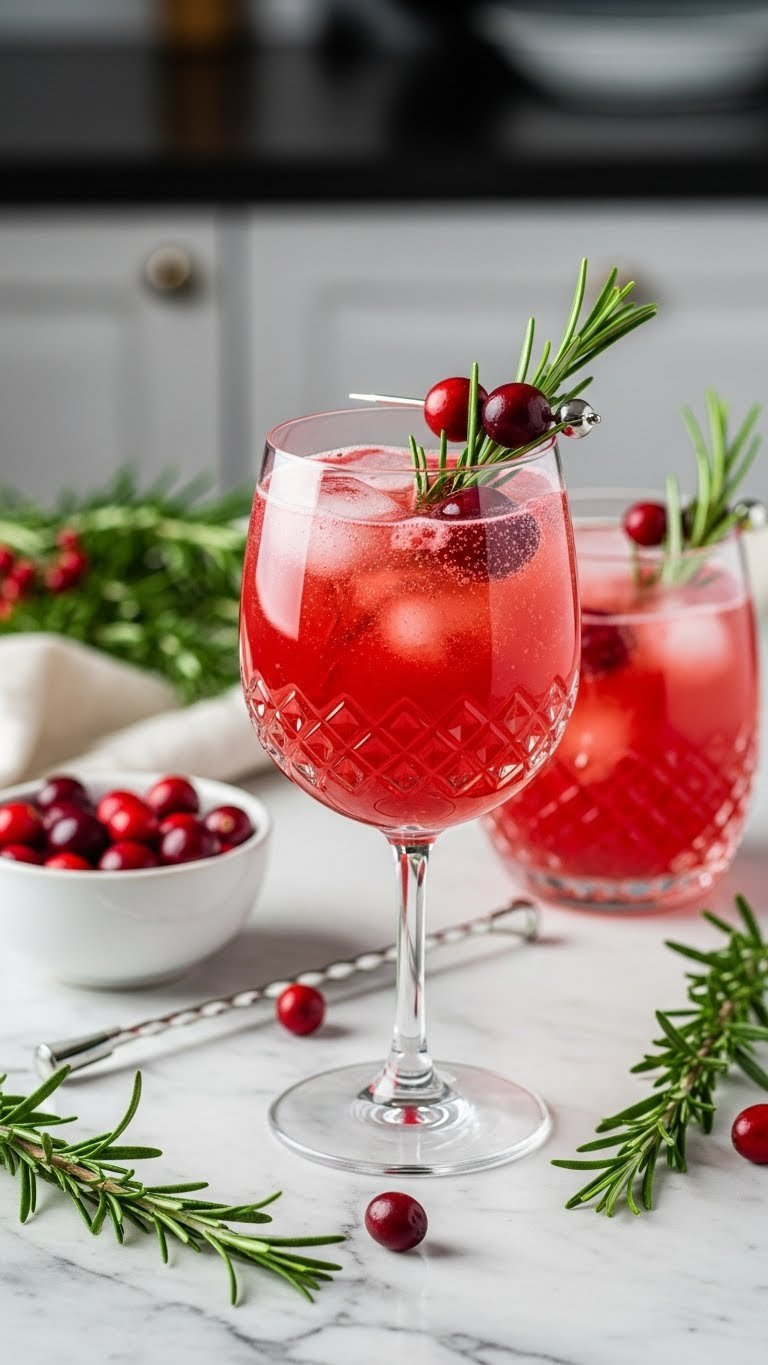 Sparkling Cranberry Rosemary Mocktail In Elegant Glass With Fresh Rosemary Sprigs And Cranberries On Marble Countertop