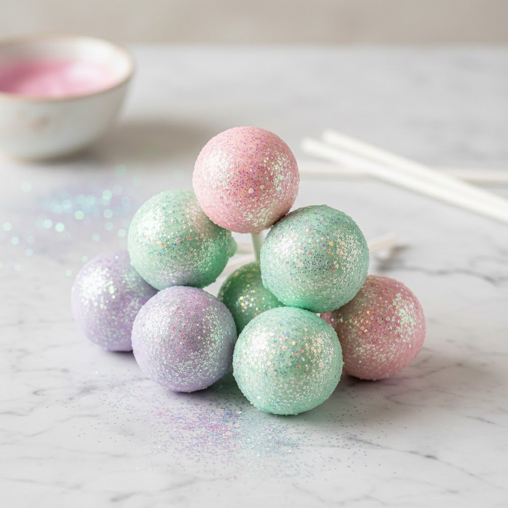 Sparkling Edible Glitter Cake Pops In Pastel Candy Melts With Iridescent Coating On Marble Countertop