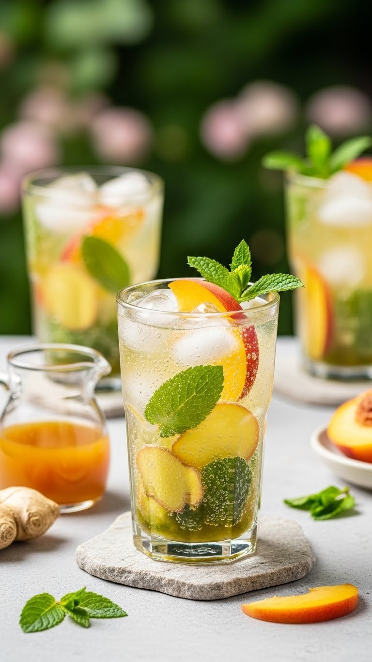 Sparkling Ginger Peach Matcha Refresher In Clear Glass With Ice, Peach Slices, And Ginger Slivers On Stone Surface
