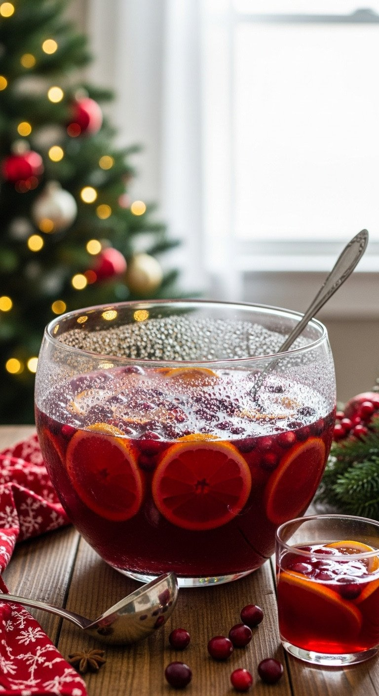 Sparkling Glass Christmas Punch Bowl With Red Punch, Cranberries, Orange Slices, Ladle On Rustic Table With Festive Decor.