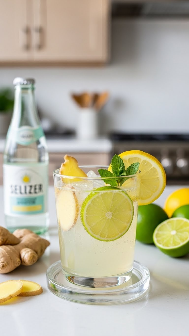 Sparkling Glass Of Ginger Lime Seltzer Lemonade With Rising Bubbles Garnished With Ginger Slices And Lime Wheels