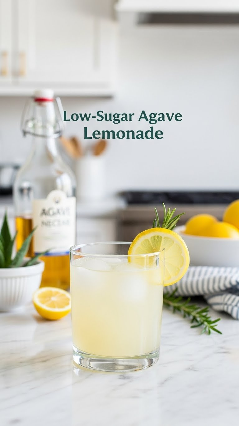 Sparkling Glass Of Pale Yellow Low-Sugar Agave Lemonade Garnished With Lemon Wheel And Agave Leaf On White Marble Countertop