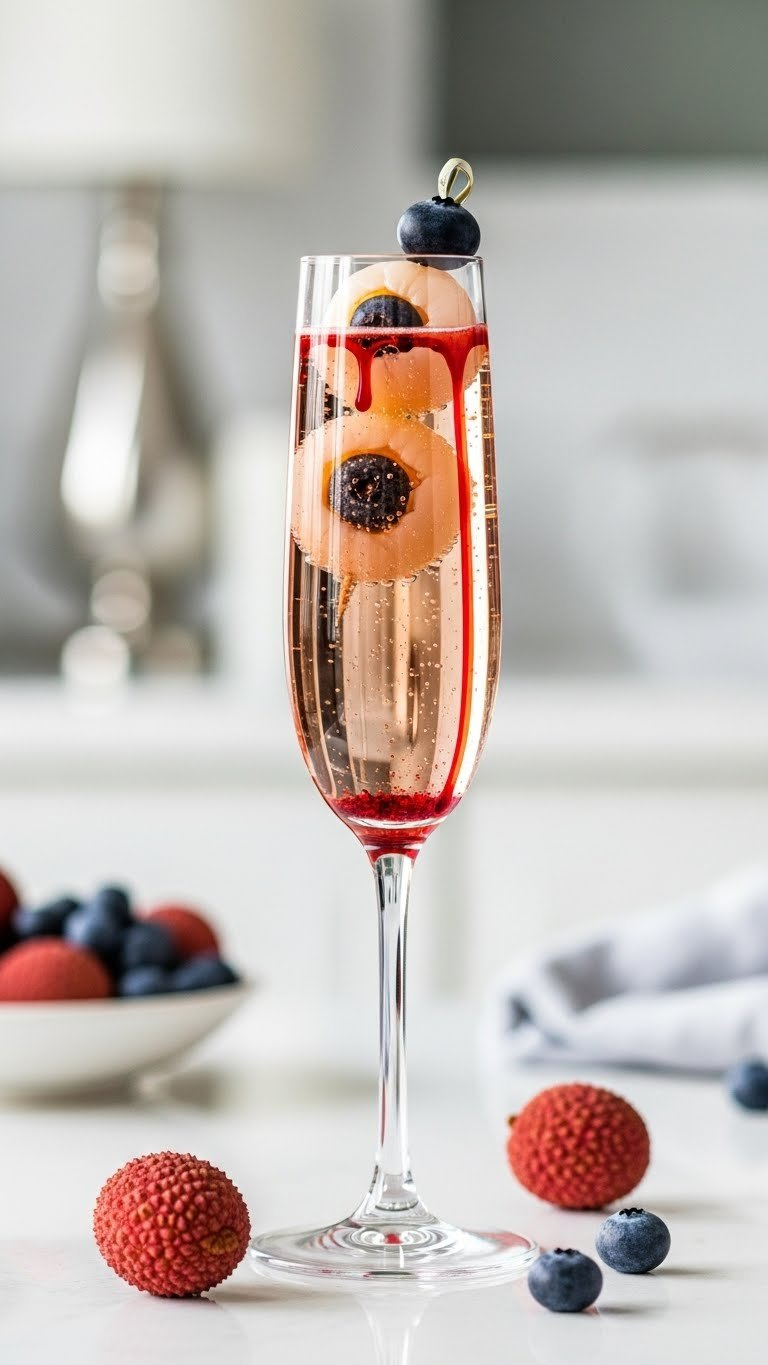 Sparkling Golden Bloody Eyeball Prosecco With Lychee Eyeball Garnishes And Red Streaks In Elegant Champagne Flute