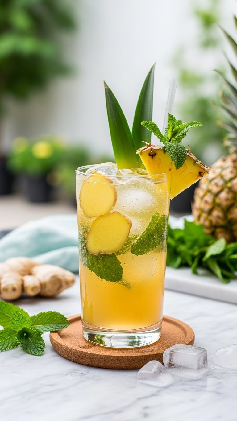 Sparkling Non-Alcoholic Pineapple Ginger Ale Mocktail In Highball Glass With Ginger Slices And Mint Garnish On Marble Countertop