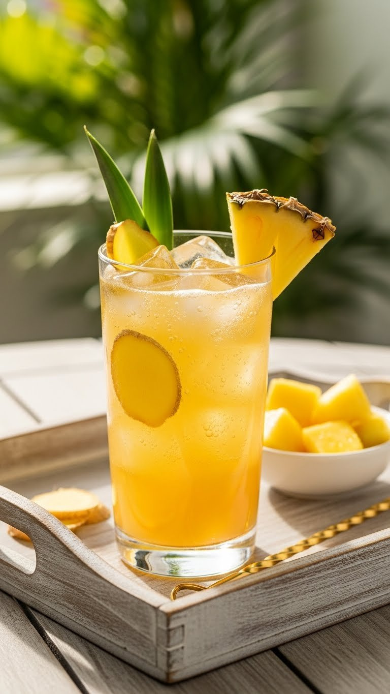 Sparkling Pineapple Ginger Sprite Cooler In Slender Glass With Ice Cubes, Pineapple Wedges, And Ginger Slices On Tropical Patio Table