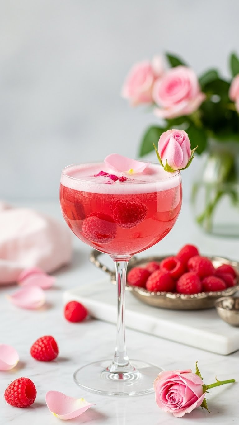 Sparkling Raspberry Rose Mocktail In Stemless Wine Glass With Rose Petals And Fresh Raspberries Floating On Marble Countertop